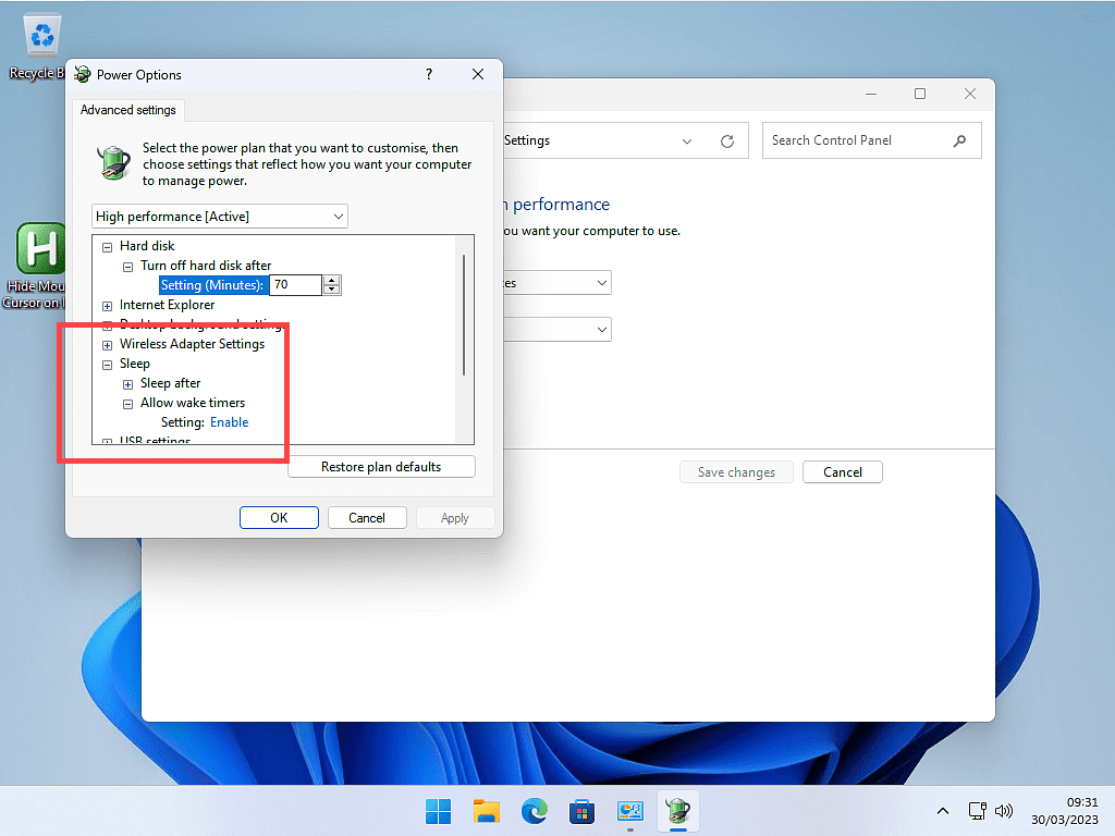 Allow wake timers is enabled.