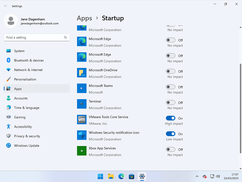 Apps Startup settings in Windows 11. All apps are turned off except for Windows security.
