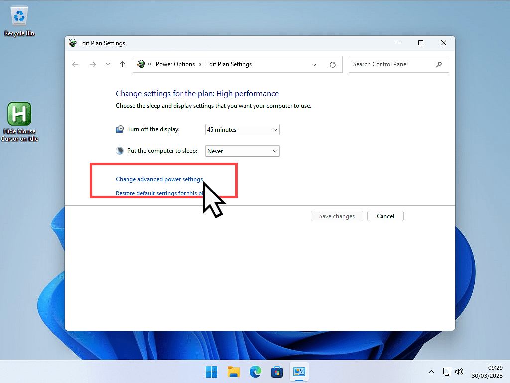 "Change advanced power settings" is indicated.