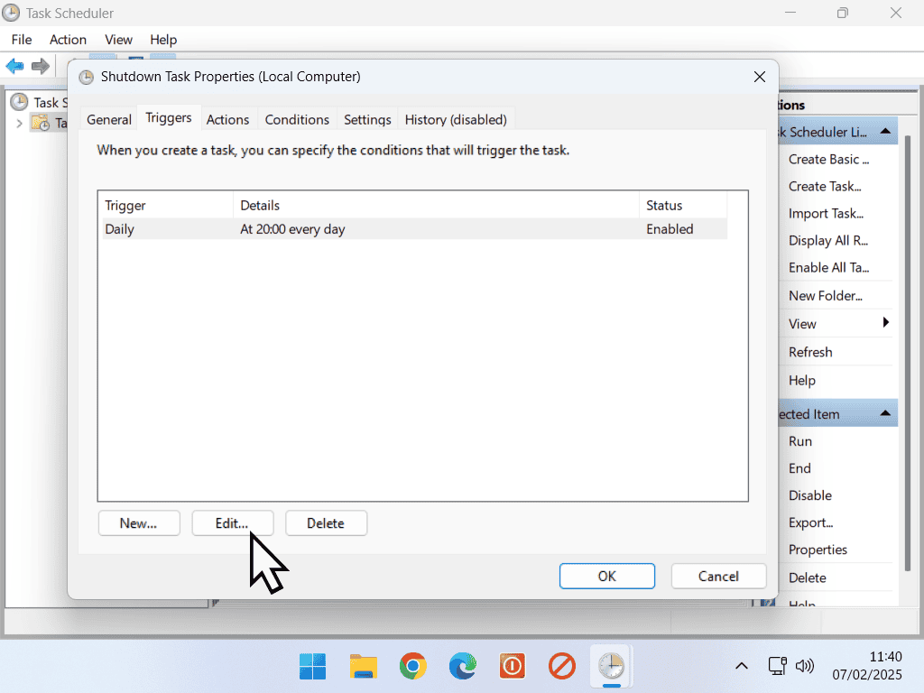 Change shutdown time in Task Scheduler