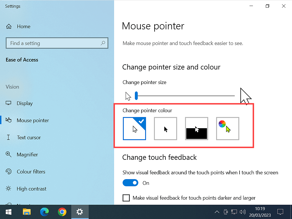 Mouse pointer colour options indicated in Windows 10.