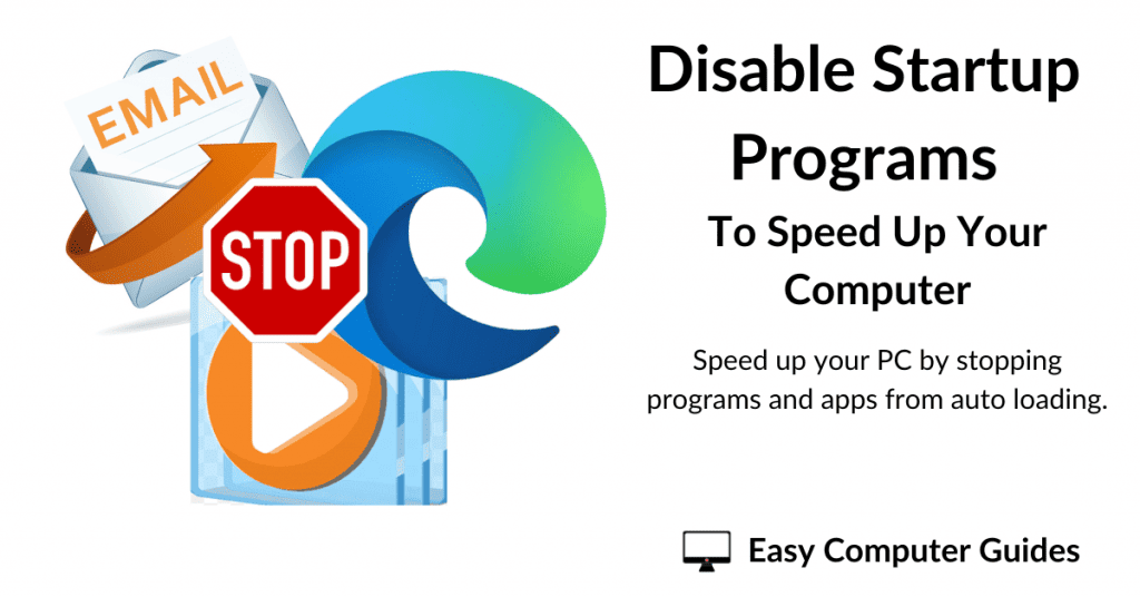 Random program icons covered by a stop sign. Text reads "How to disable startup programs to speed up your computer".