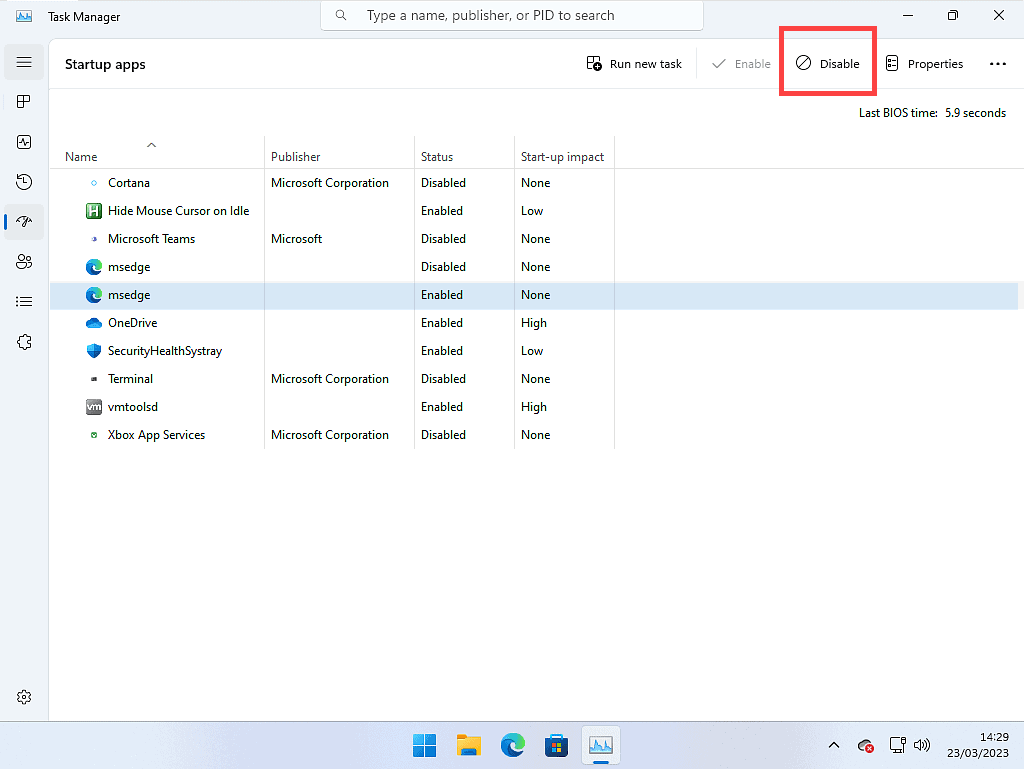 A startup program has been selected and the Disable button is marked in Windows 11 Task Manager