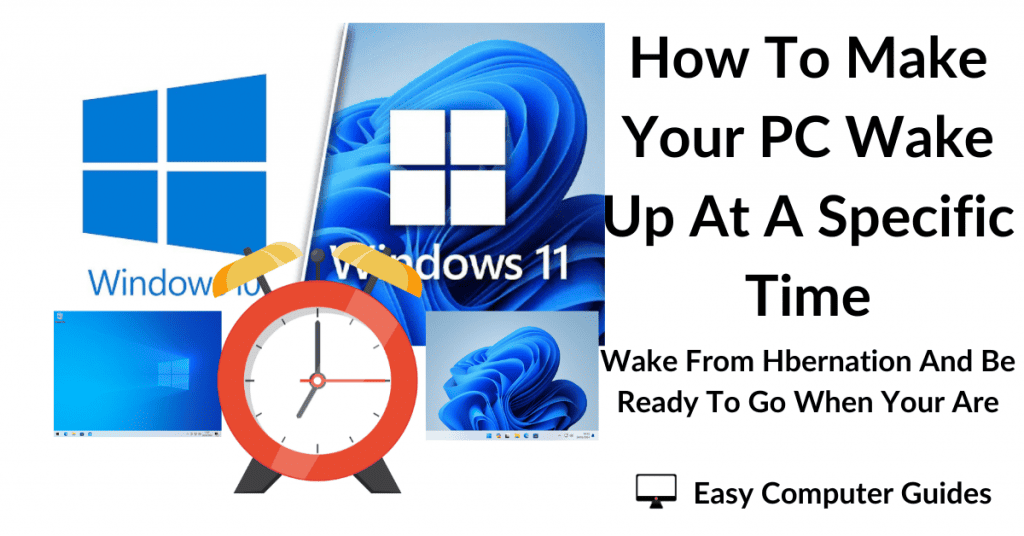 Microsoft Windows logo and an alarm clock. Text reads "How to make your computer wake up at a specific time".