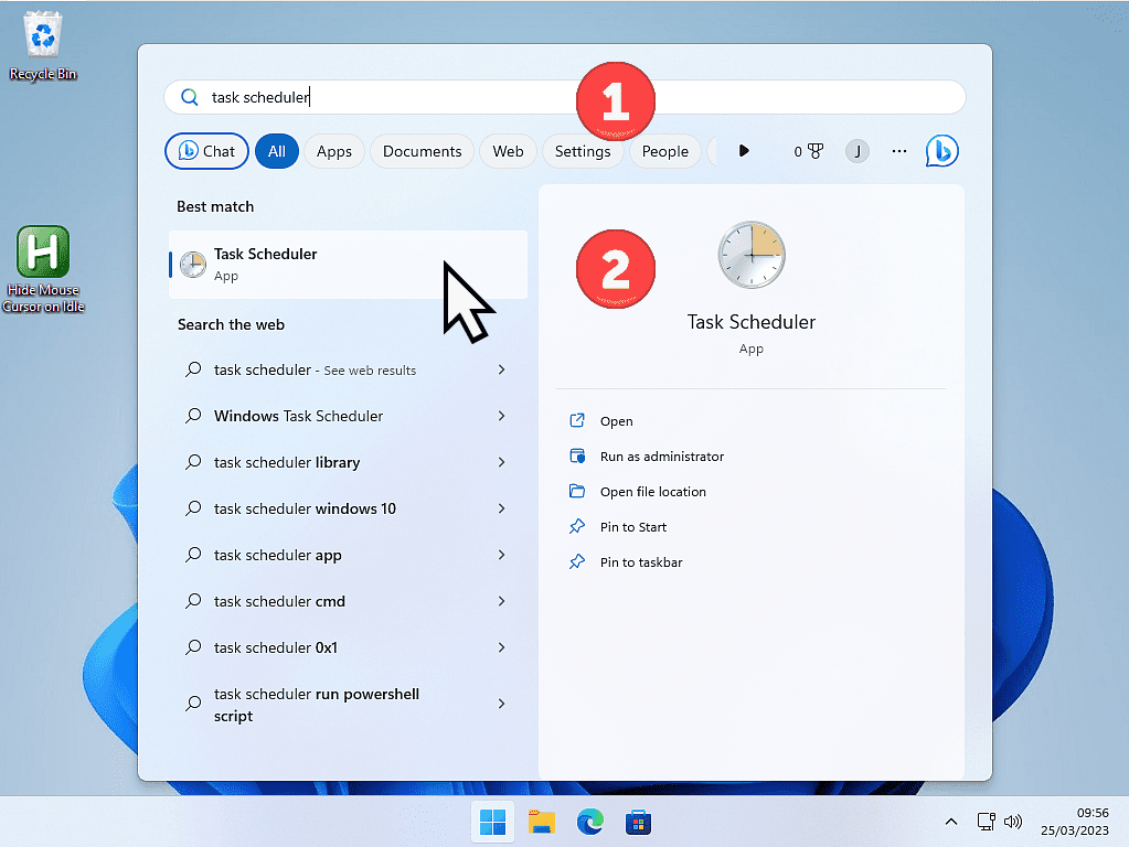 "Task Scheduler" has been entered into search box. Task Scheduler (App) is marked in results.
