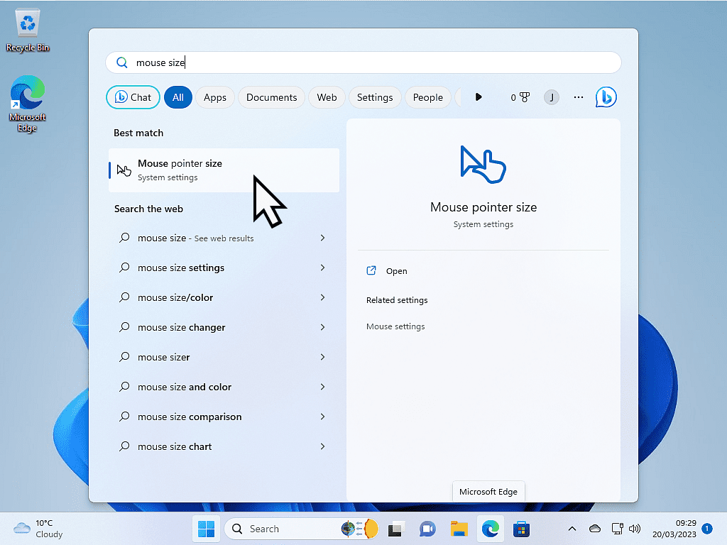 Windows 11 start menu open. Mouse Pointer Size option is indicated on search results menu.