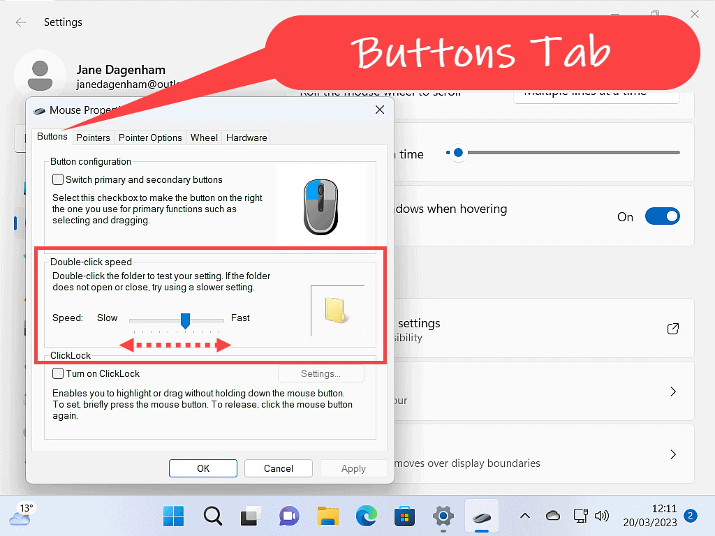 Buttons Tab and Double Click Speed slider are both indicated in the Mouse Properties dialogue box.