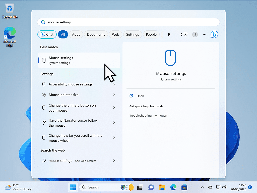 Windows 11 Start menu open and Mouse Settings is marked in search results.