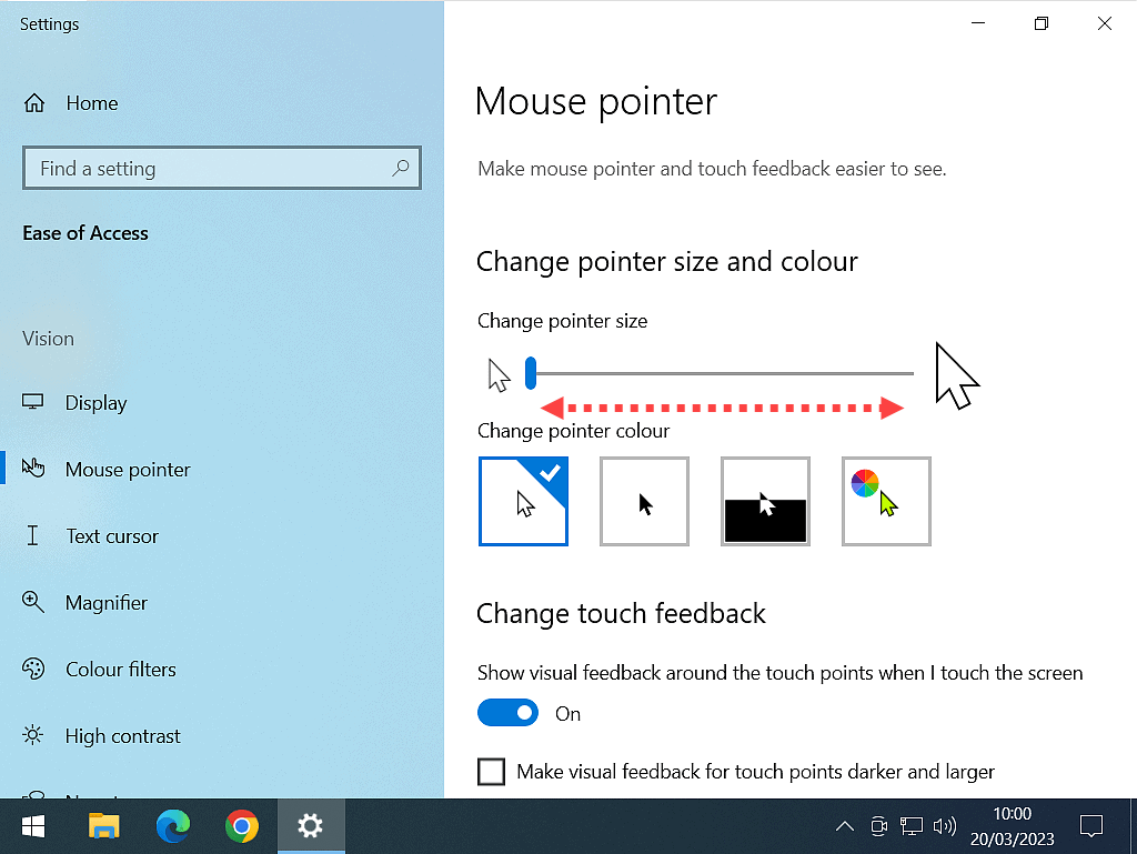 Mouse pointer size slider indicated in Windows 10.