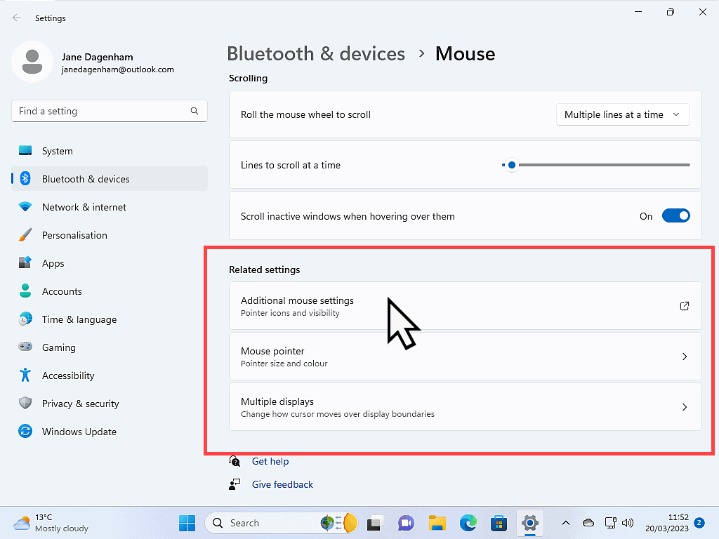 Additional Mouse Settings marked in Windows 11.