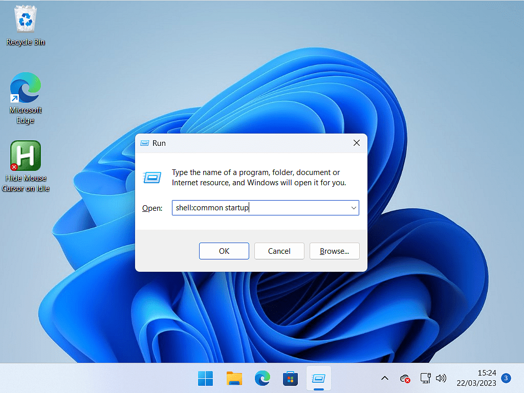 Windows 11 Run dialogue box open. "shell:common startup" has been typed into it.