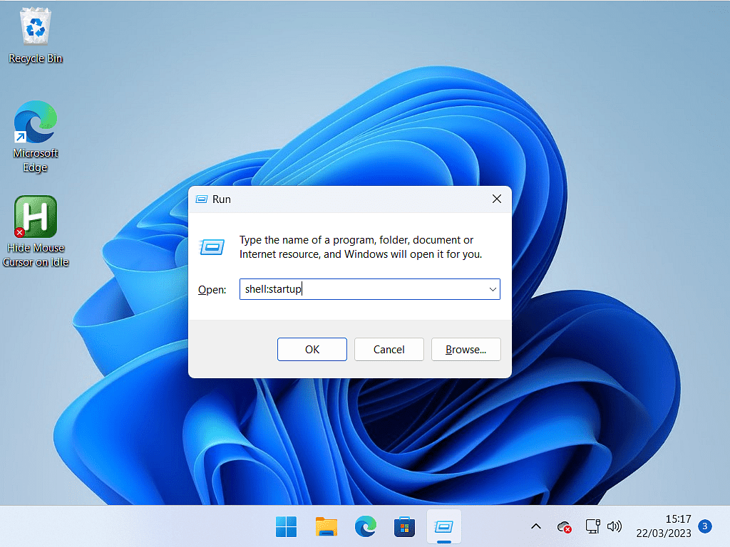 Windows 11 Run dialogue box open. "shell:startup" has been typed into it.