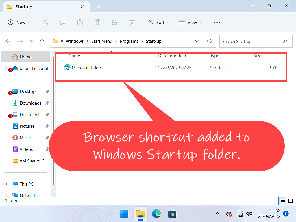 Microsoft Edge shortcut is indicated inside the Windows Startup folder.