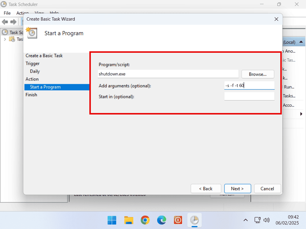 -s -f -t 60 entered into the Arguments box in Task Scheduler
