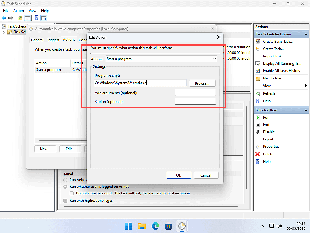 Action is set to "Start a program" and the program/script is set to "cmd.exe"