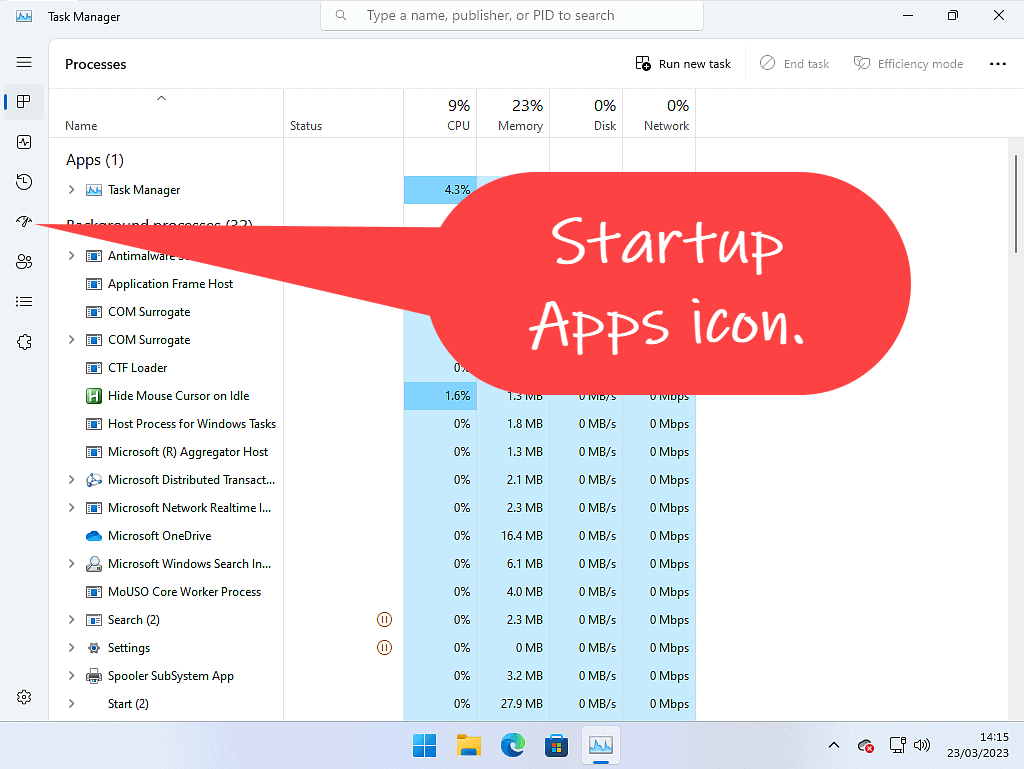 Windows 11 Task Manager. Startup Apps icon is indicated by a callout.