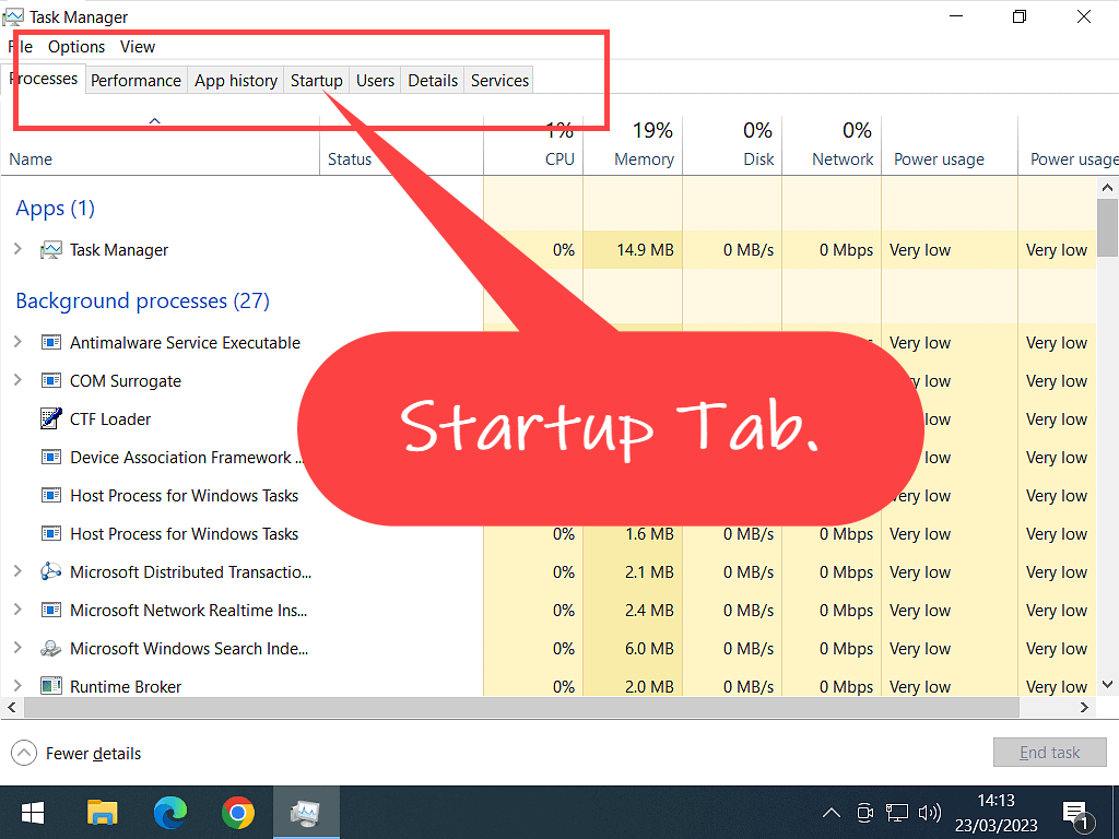Windows 10 Task Manager. The Startup Tab is highlighted.