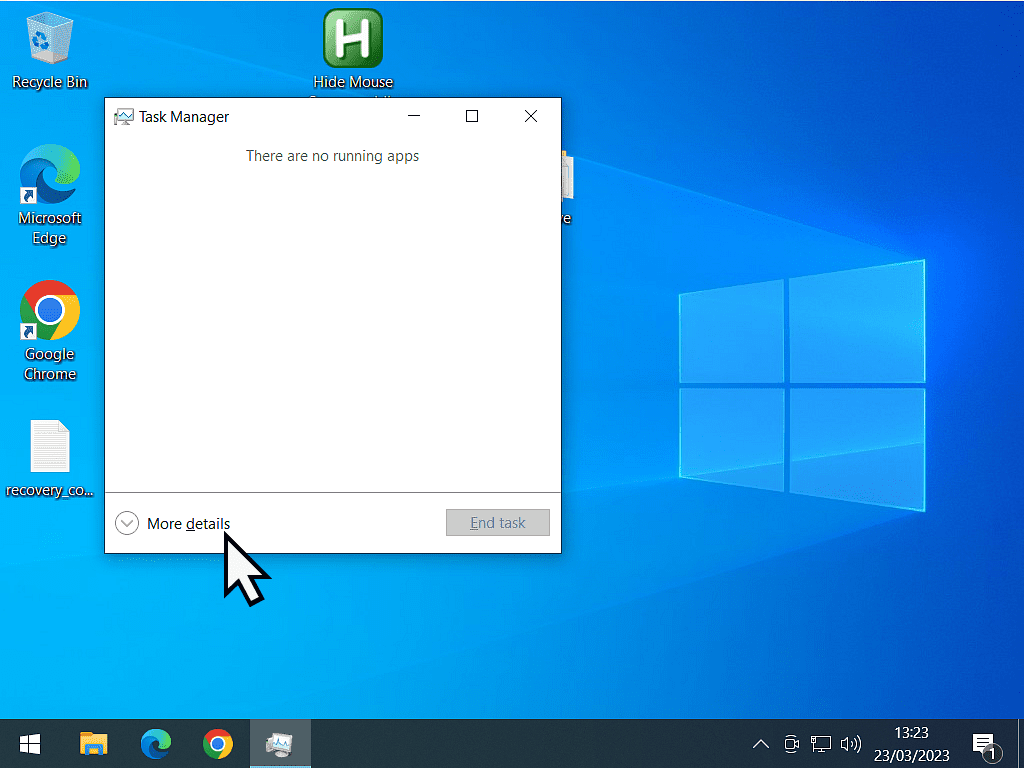 Windows 10 Task Manager is completely blank. "More Details" option is indicated.