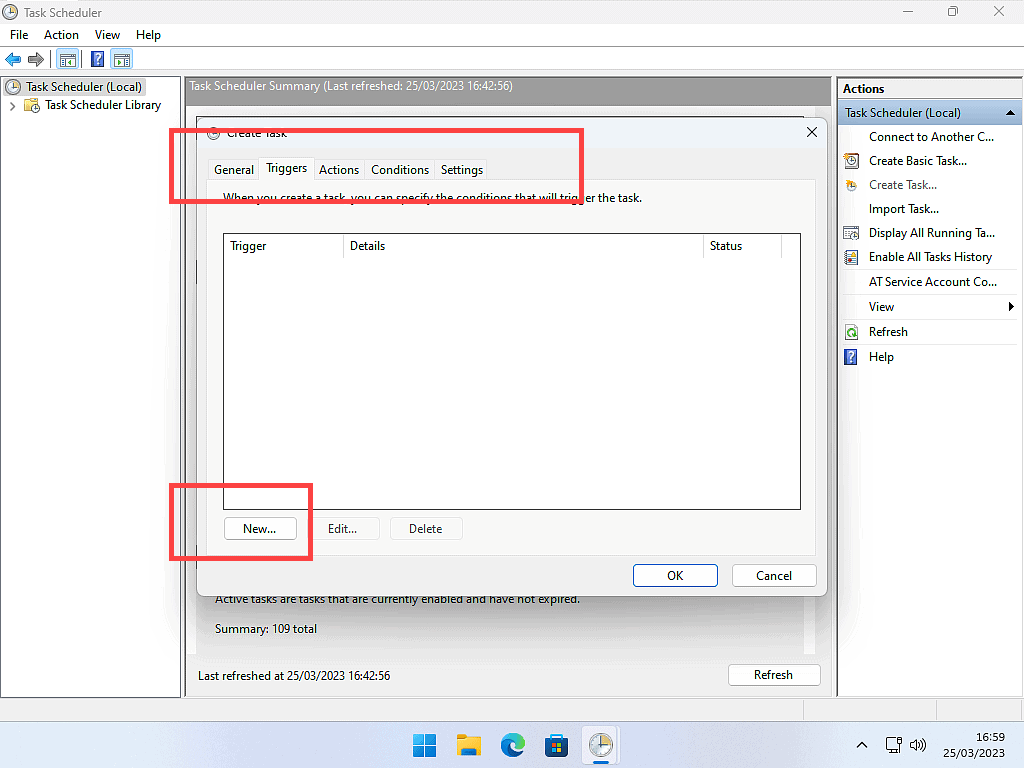 Triggers tab and New button are both marked.