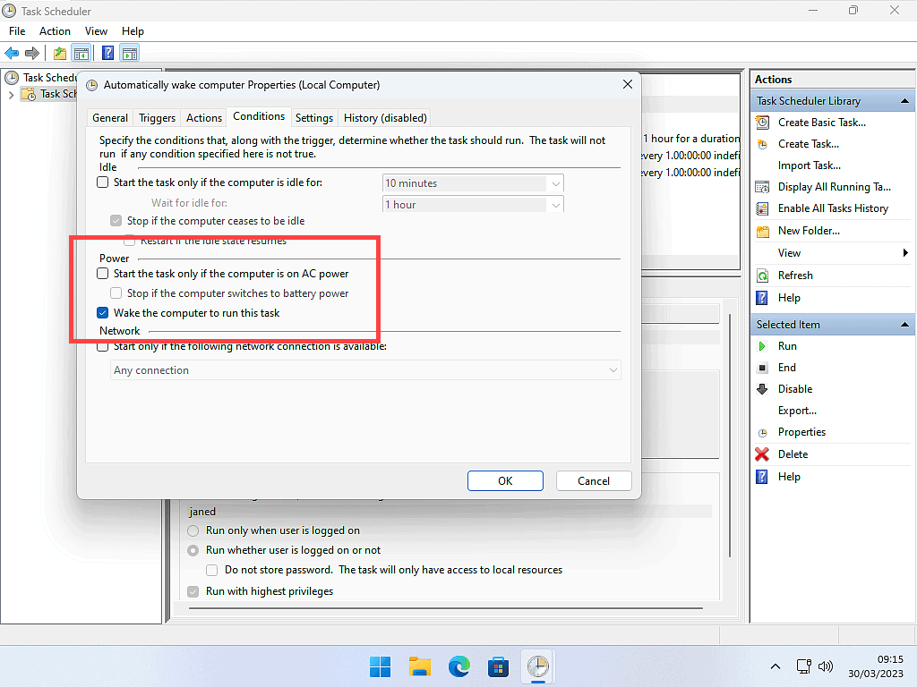 Conditions tab showing the "Wake the computer to run the task" is selected.