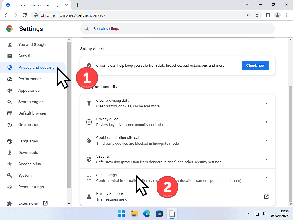 In Google Chrome settings, "Privacy and security" and "Site settings" options are indicated.
