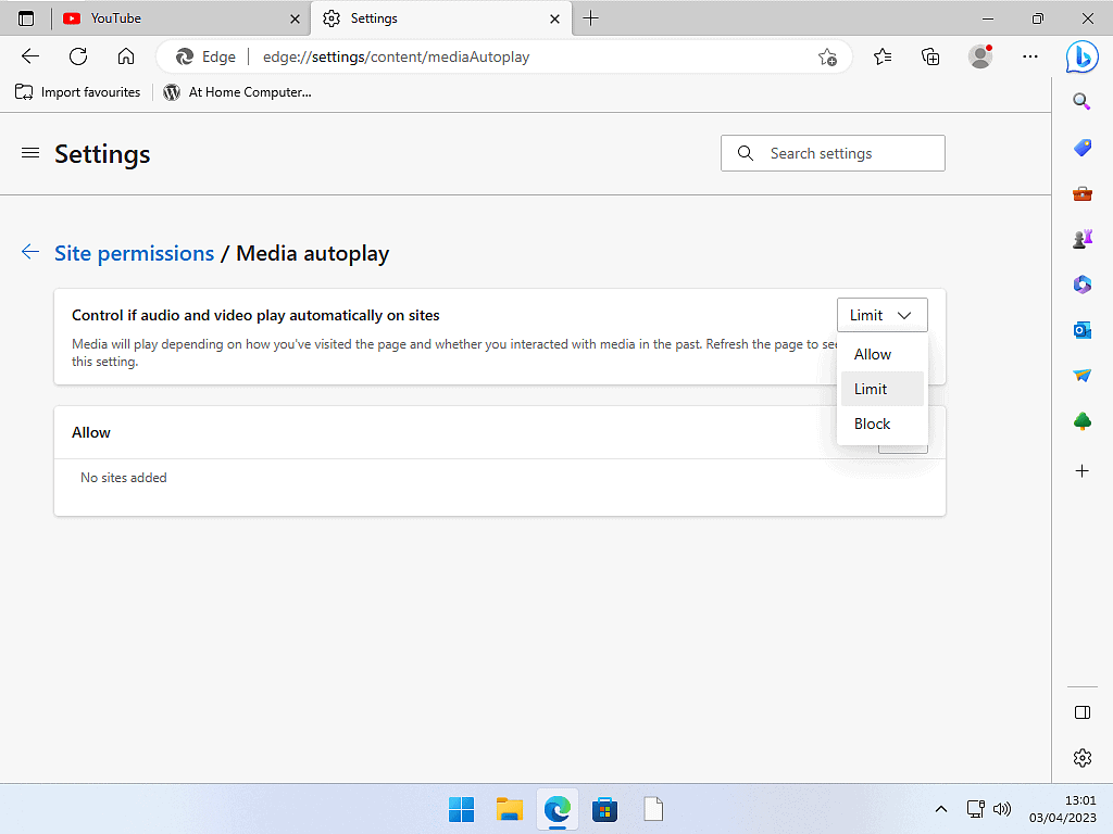 "Control if audio and video play automatically on sites" setting in Edge. Block is selected.