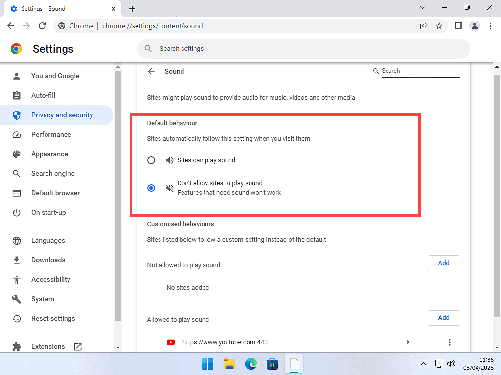 "Don't allow sites to play sound" option is selected in Google Chrome settings.