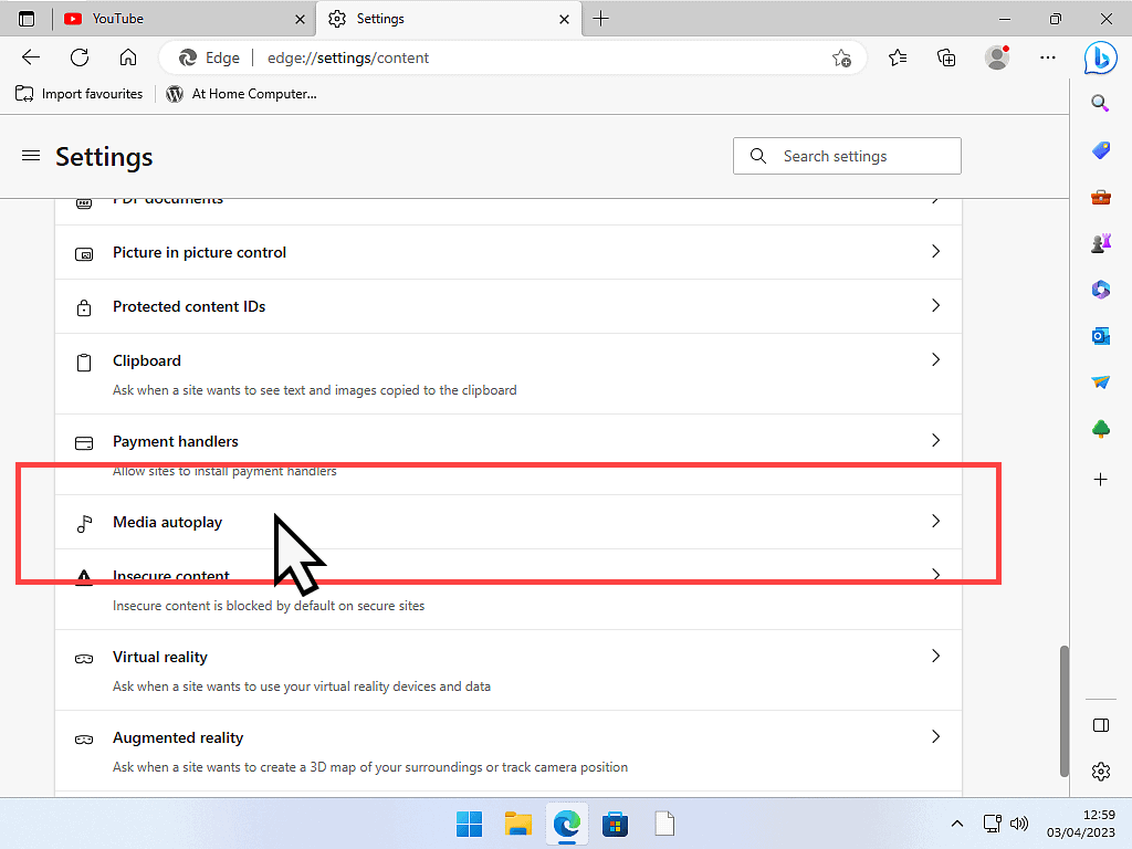 Media autoplay option is being selected.