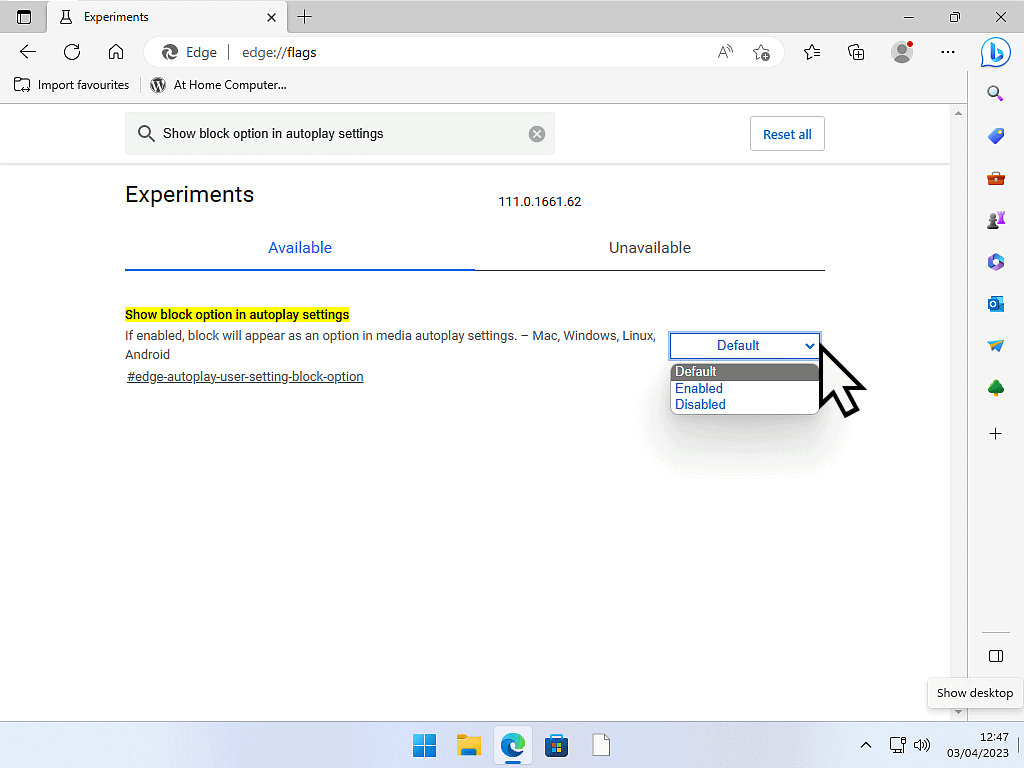 "Show block option in autoplay settings" option is marked as enabled in Edge.