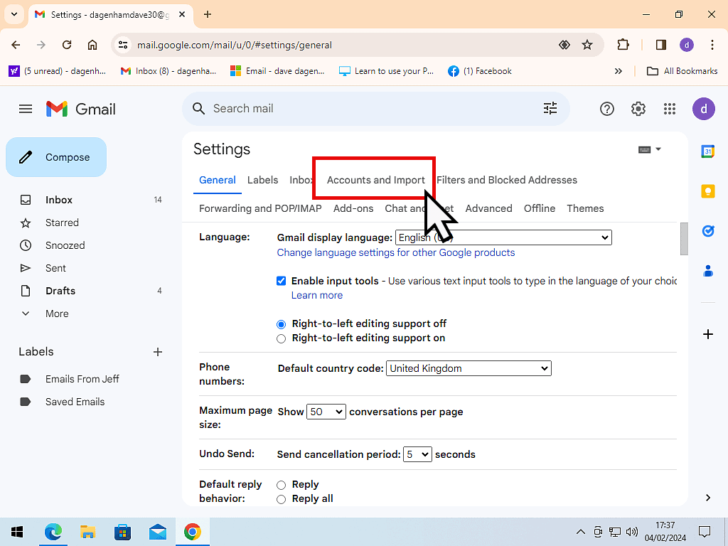 Accounts and import tab indicated in Gmail settings.