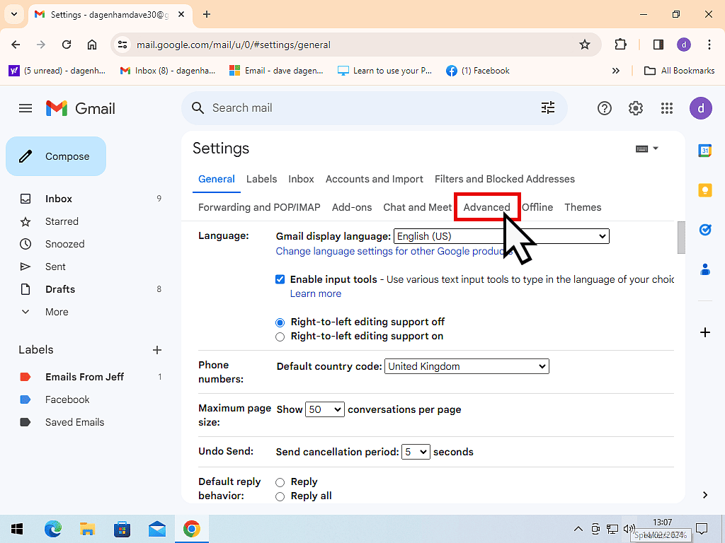 Advanced tab indicated in Gmail settings.