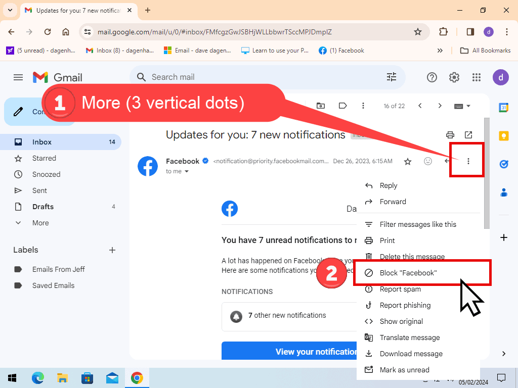 An email is open in Gmail. The More icon and the Block option are both indicated.