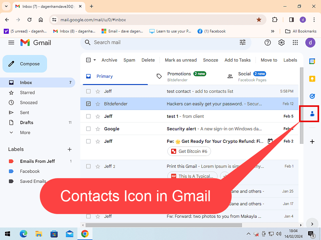 Gmail account open. Contacts icon in side panel is indicated by a callout.