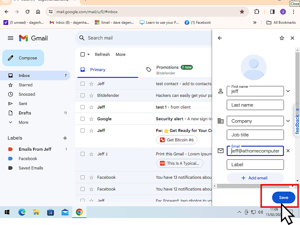 First name and email address have been entered. The Save button is highlighted.
