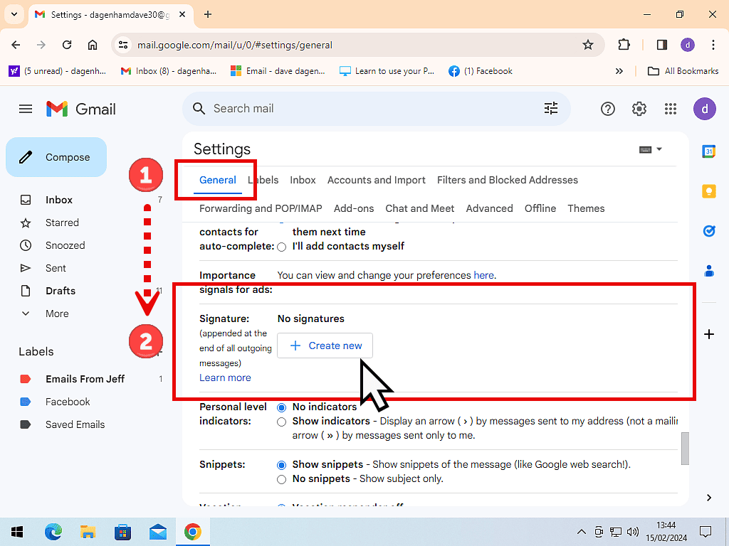 The Create New button is highlighted in Gmail signatures.