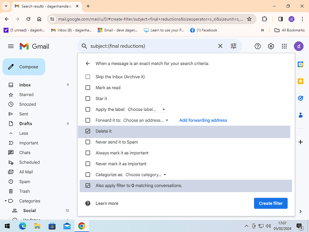 Gmail filter options. "Delete it" is selected.