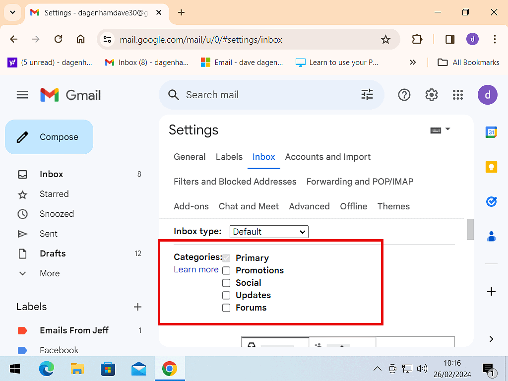 All the Categories except the Primary category have been deselected in Gmail Settings.