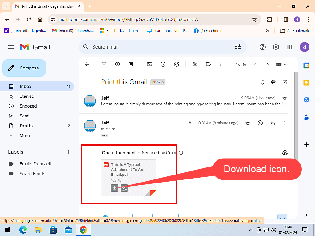 Downloading an attachment from a Gmail email.