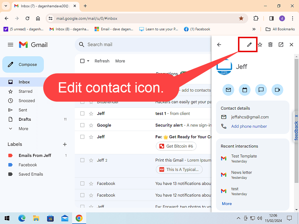 In Gmail contacts list the Edit icon is highlighted.