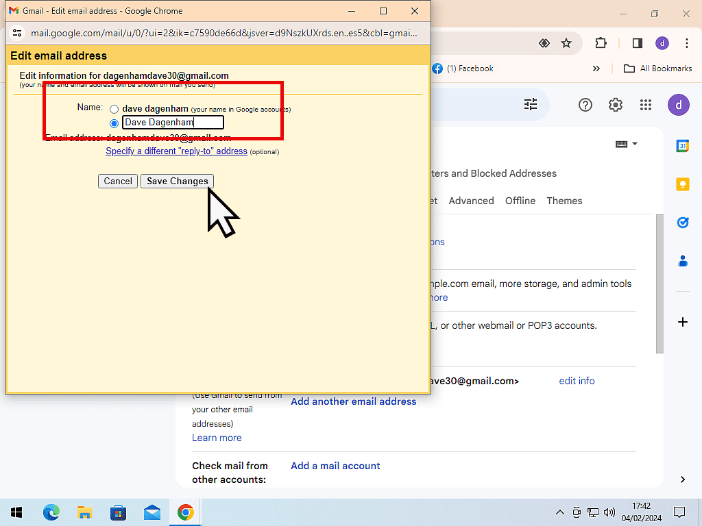 Change display name in Gmail. Click the Save Changes button.