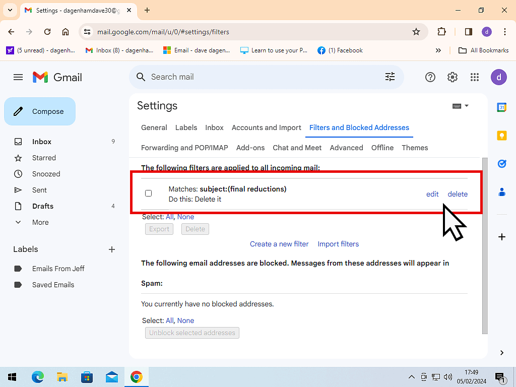 Edit and Delete options for Gmail filter.