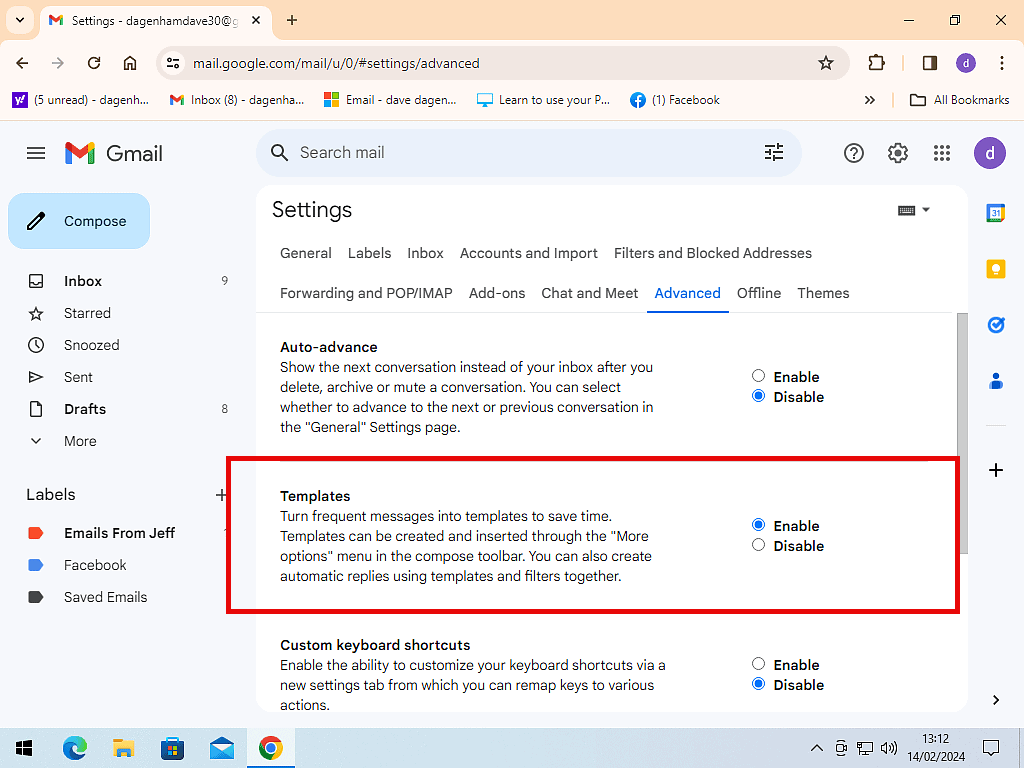 Enable templates is selected in Gmail settings