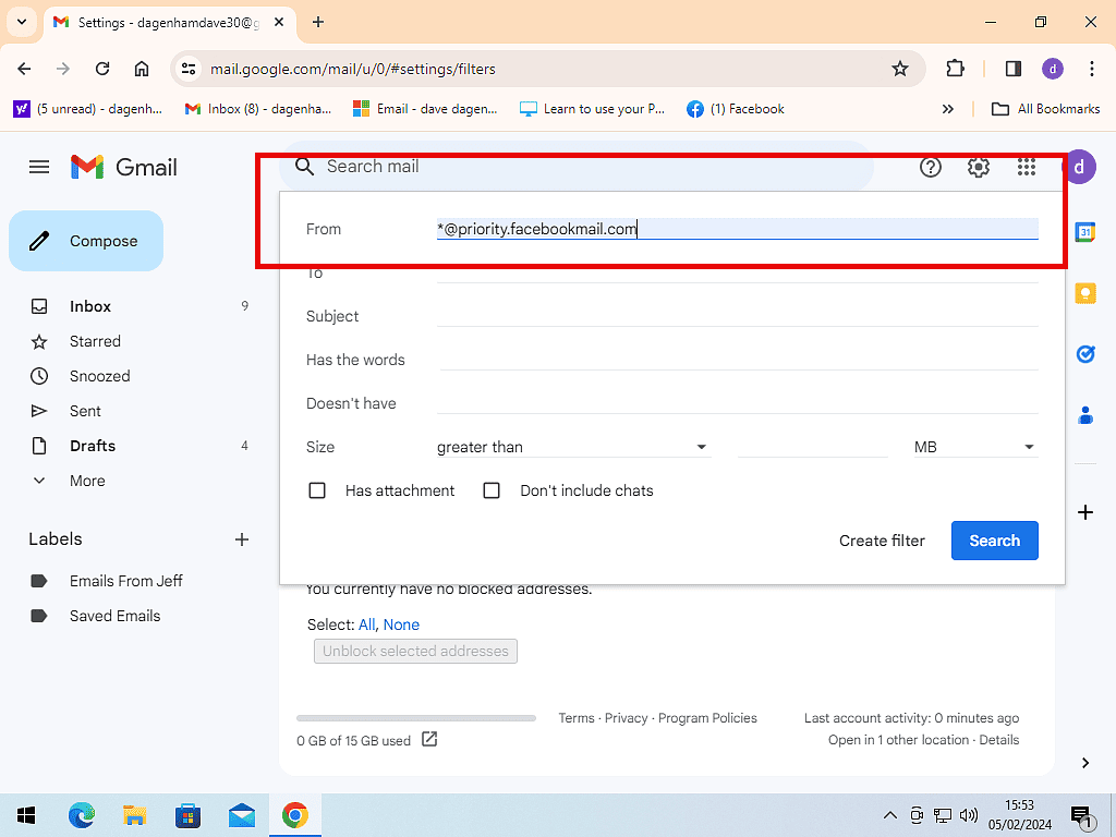 Gmail filter setup. The From box has an email address entered.