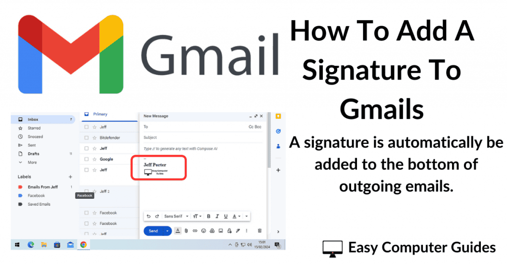 Gmail message with a signature highlighted.