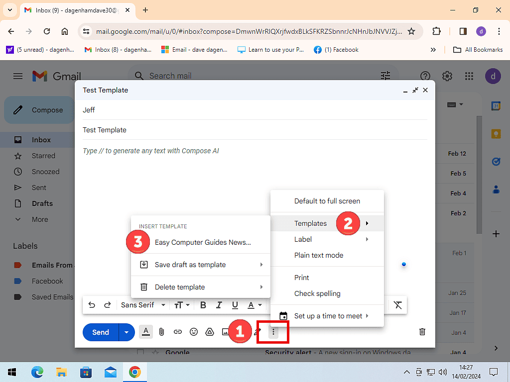 Steps taken to insert a template into a new Gmail message.