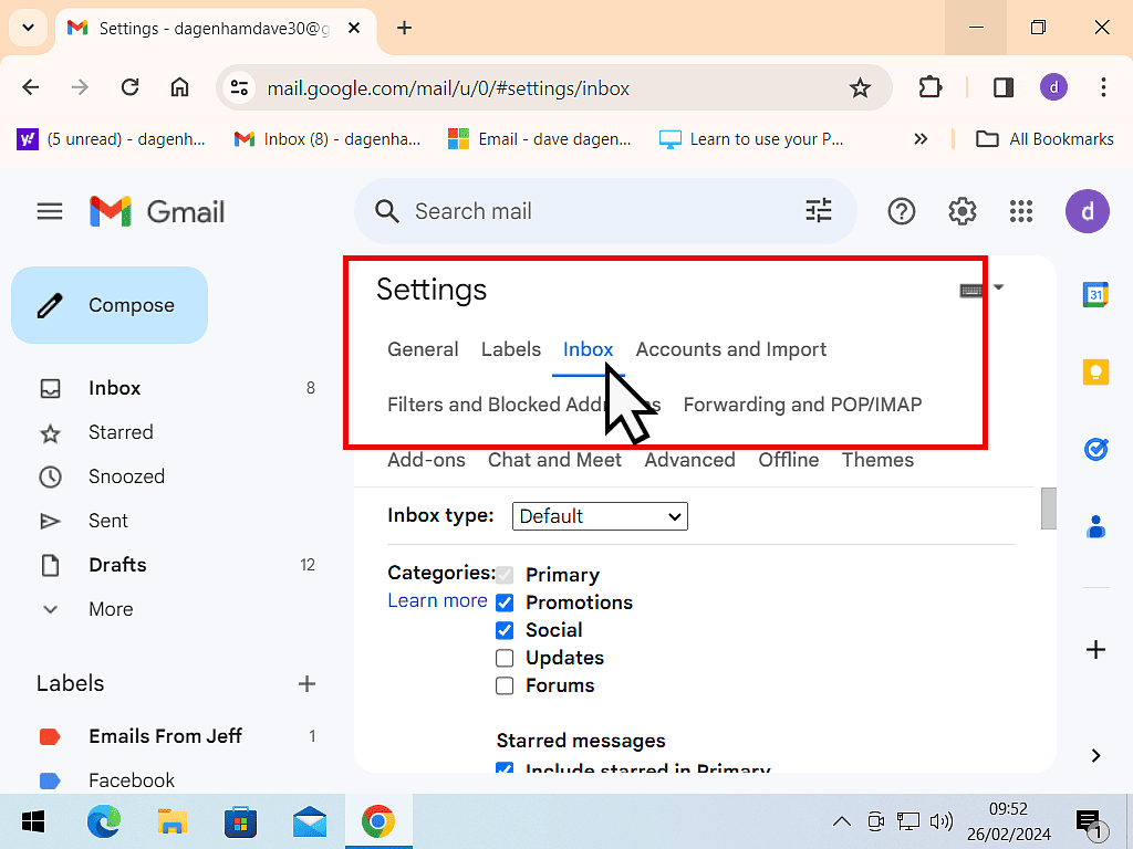 Gmail settings page. Inbox tab is marked.
