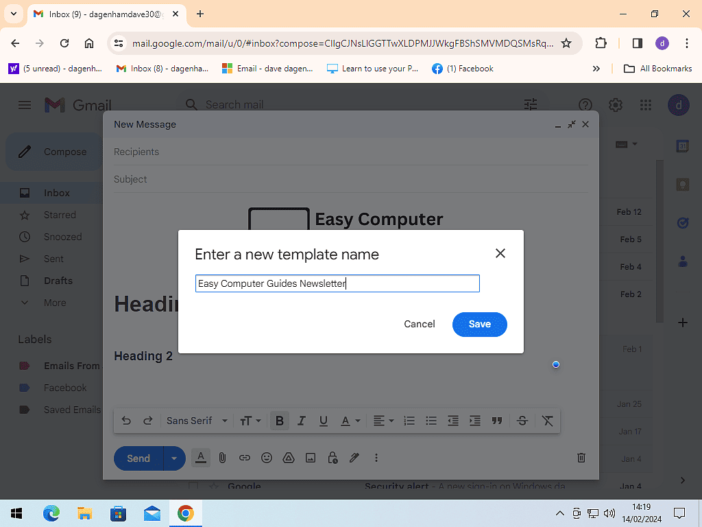 Saving a template in Gmail.