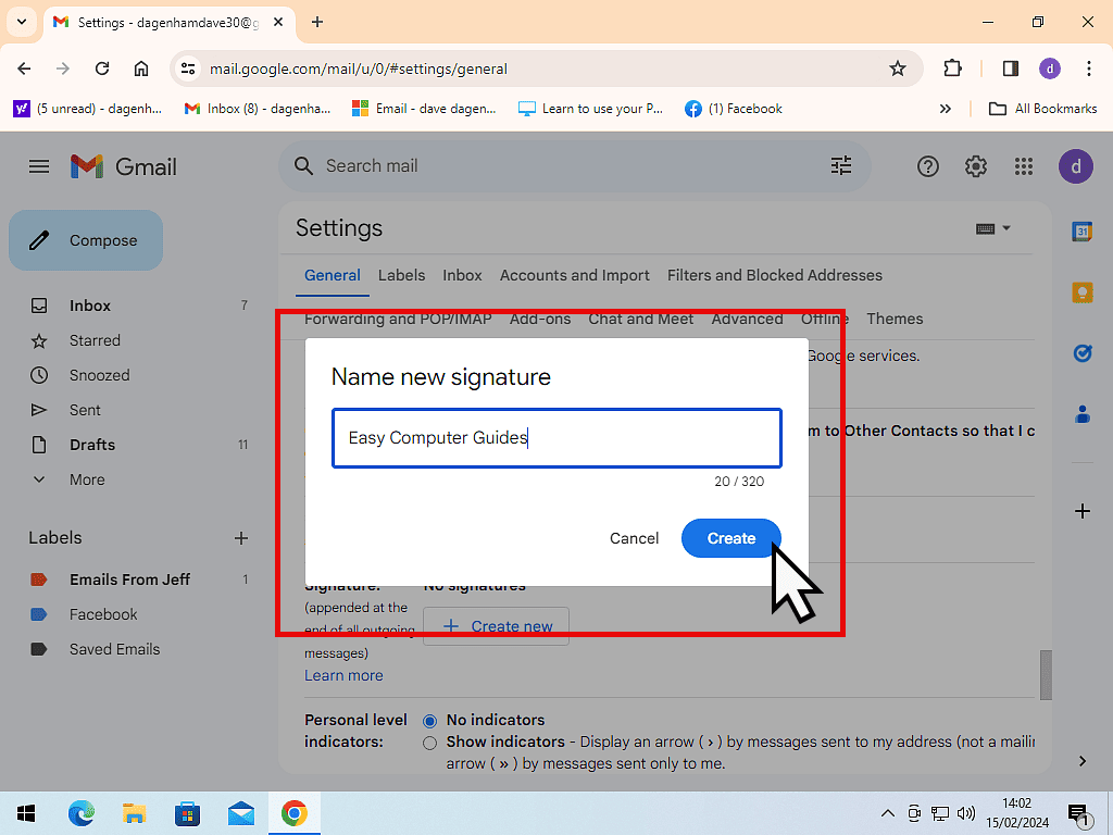 "Name new signature" box in Gmail. Easy Computer Guides has been entered into the box.