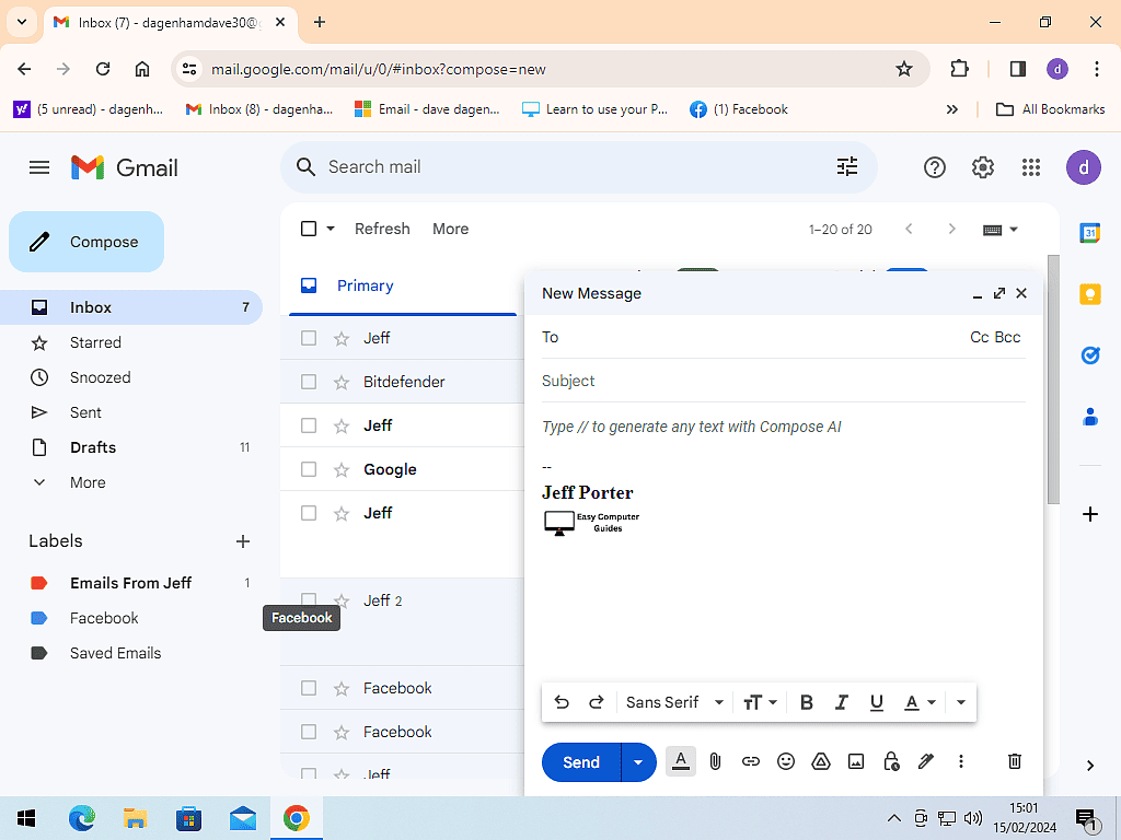 New message window open in Gmail. The new signature is displayed at the end of the email.