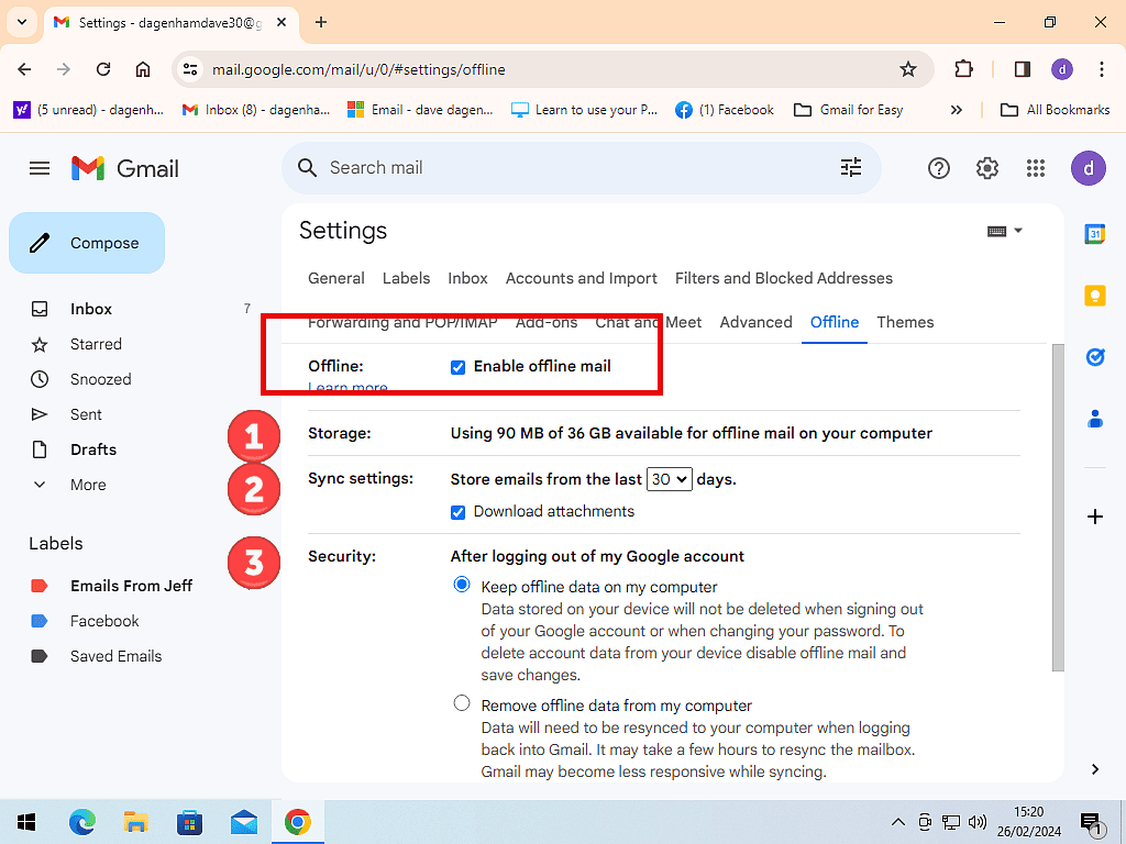 Enable offline mode is selected in Gmail and the Storage, Sync and Security settings are highlighted.